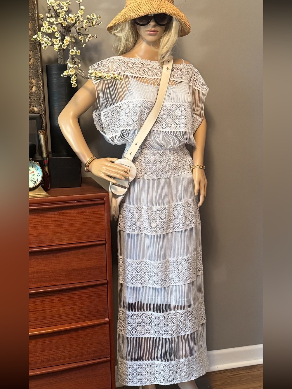 Callahan Crochet Fringe Dress in Light Gray